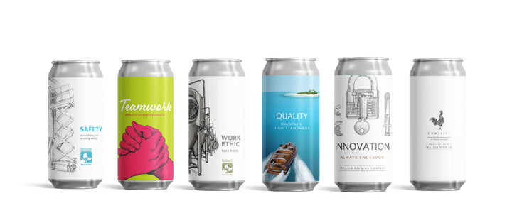 Lineup of six beer cans, each featuring one of Trillium's core values