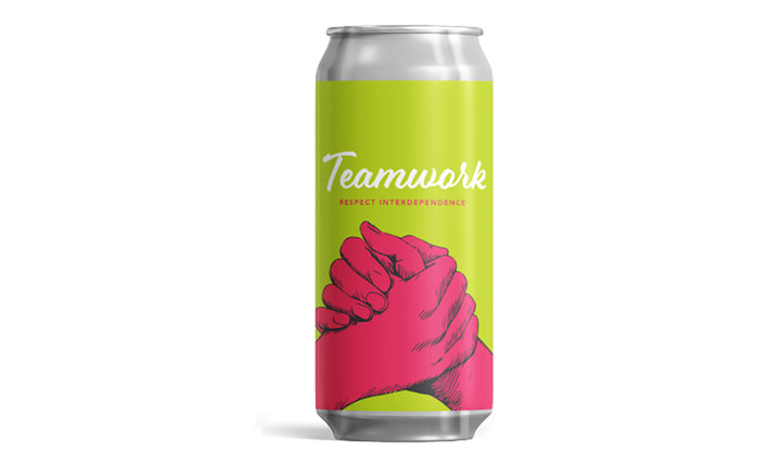 Beer can featuring the core value of Teamwork