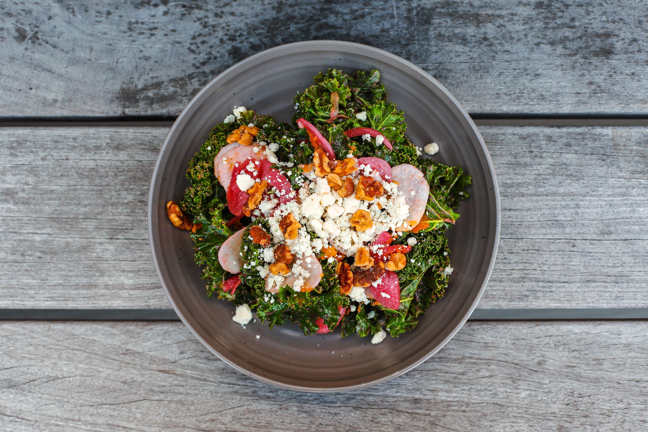An overhead shot of the Winter Kale salad